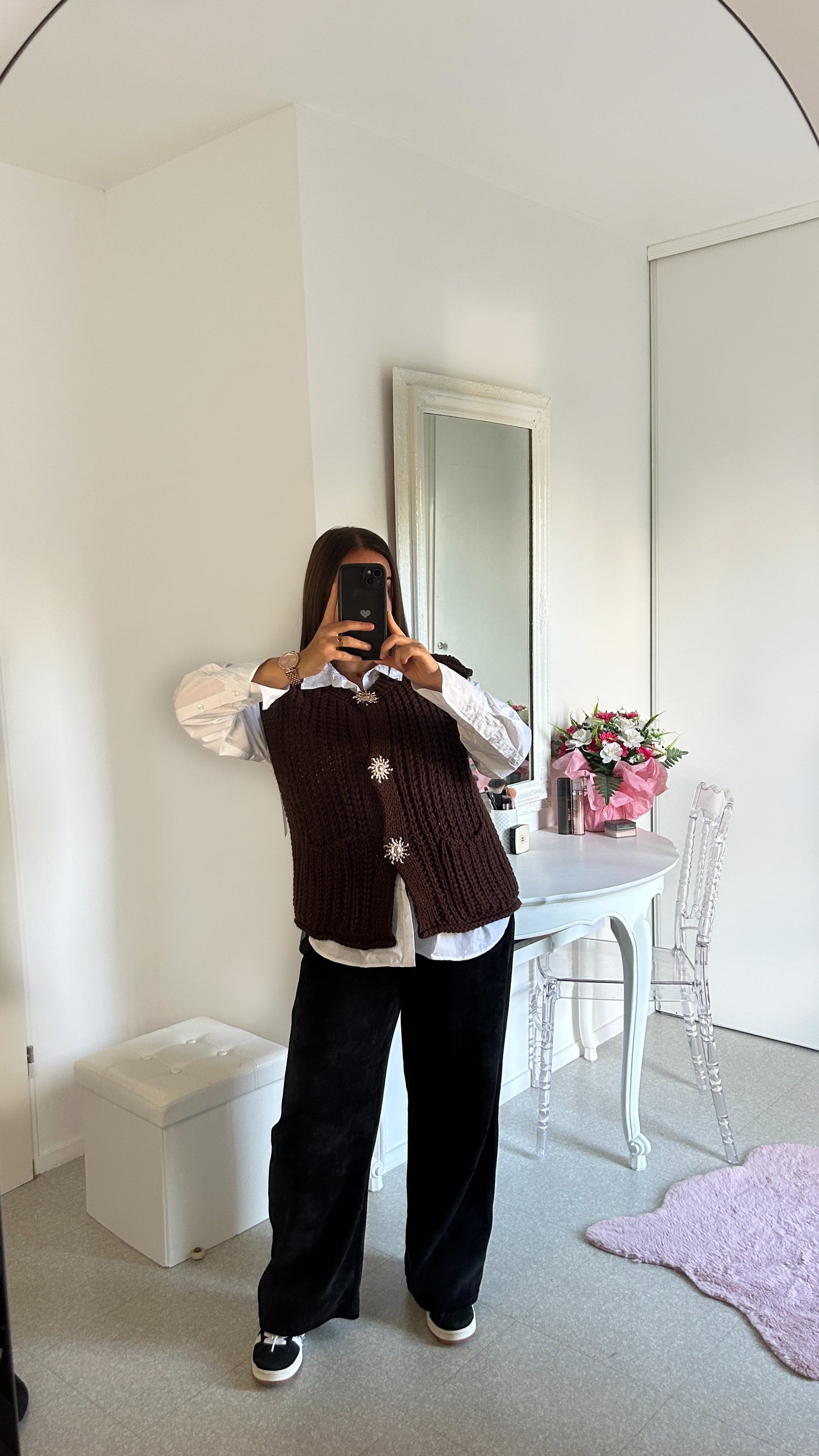 Pull sans manche en maille marron