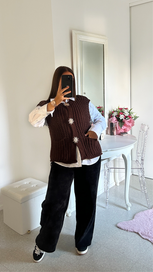 Pull sans manche en maille marron