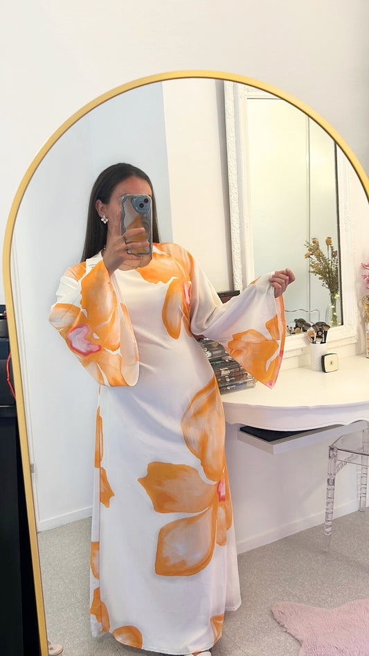 Robe longue douce à fleurs orange