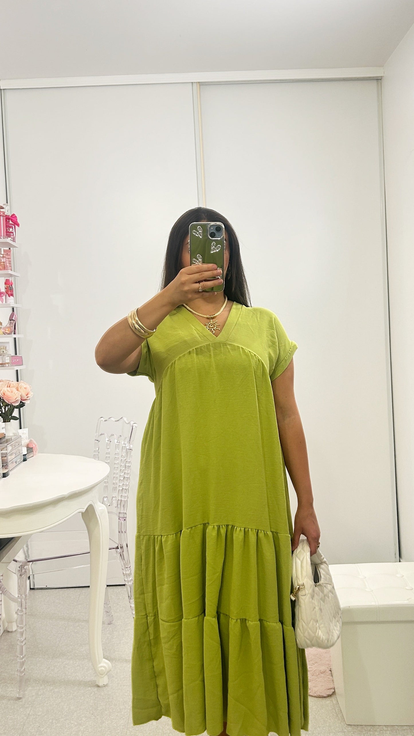 Vestido suelto plisado verde pistacho