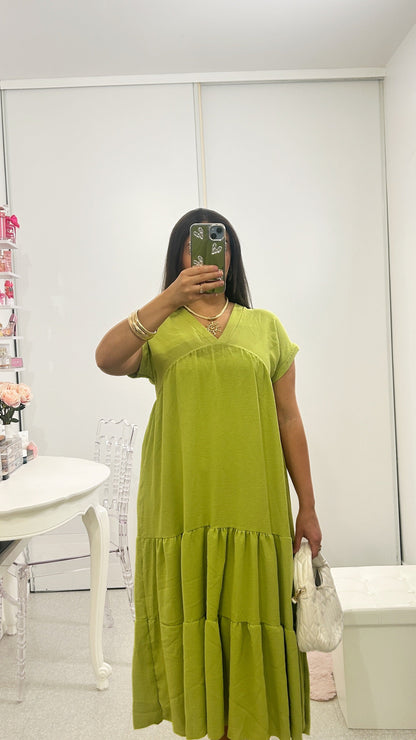 Vestido suelto plisado verde pistacho