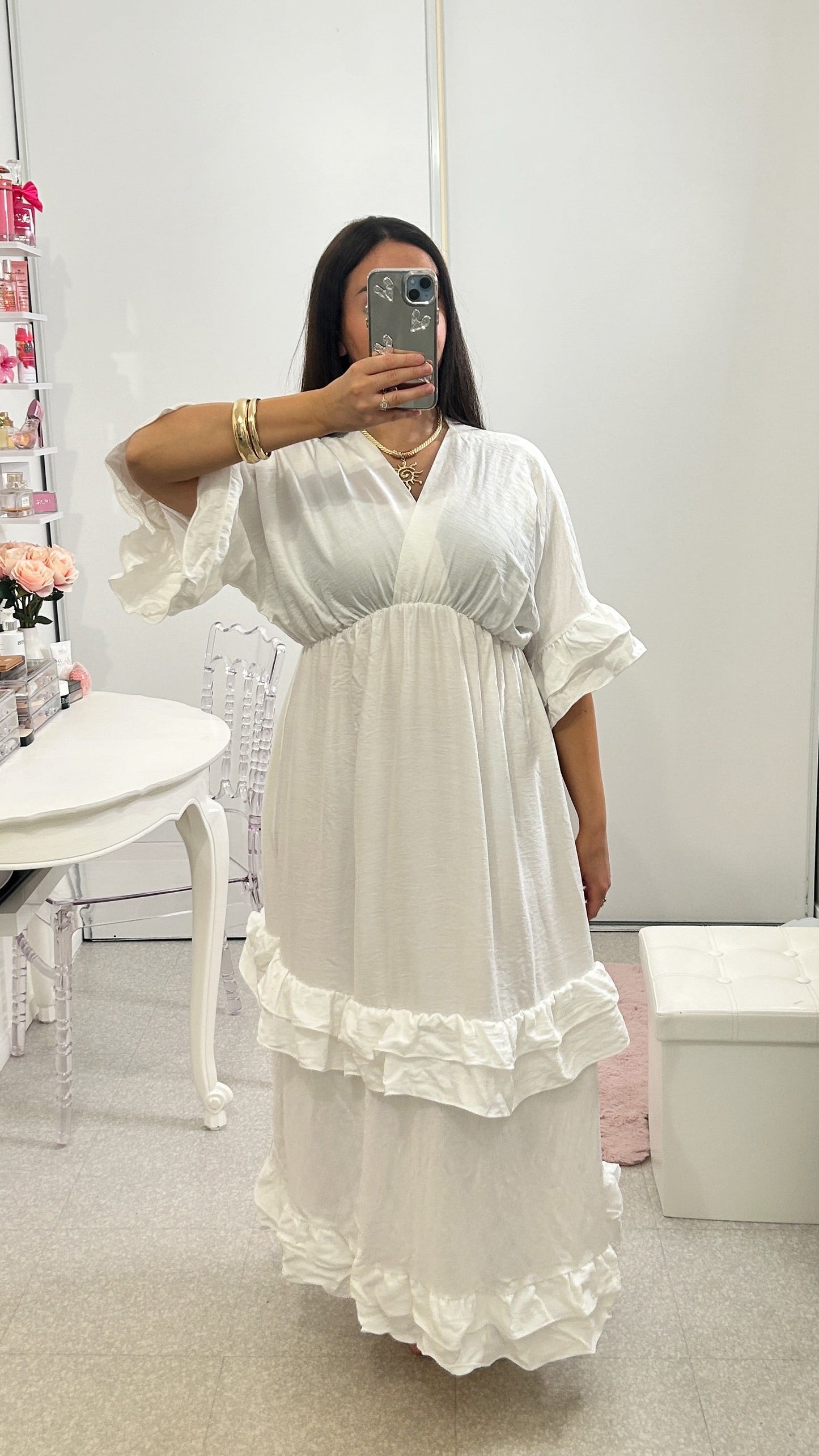 Vestido largo verde caqui con volantes