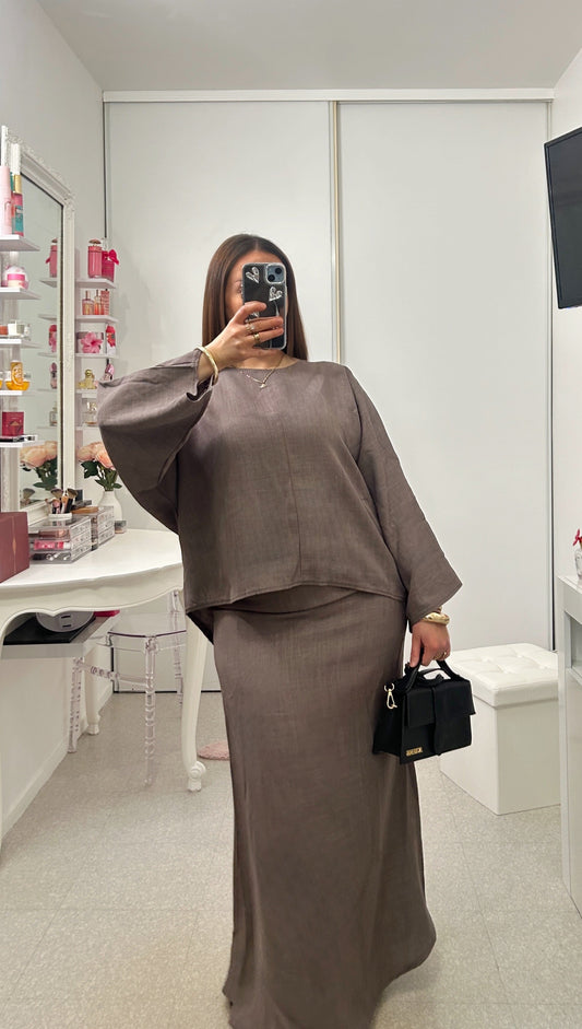 Taupe linen-effect skirt set