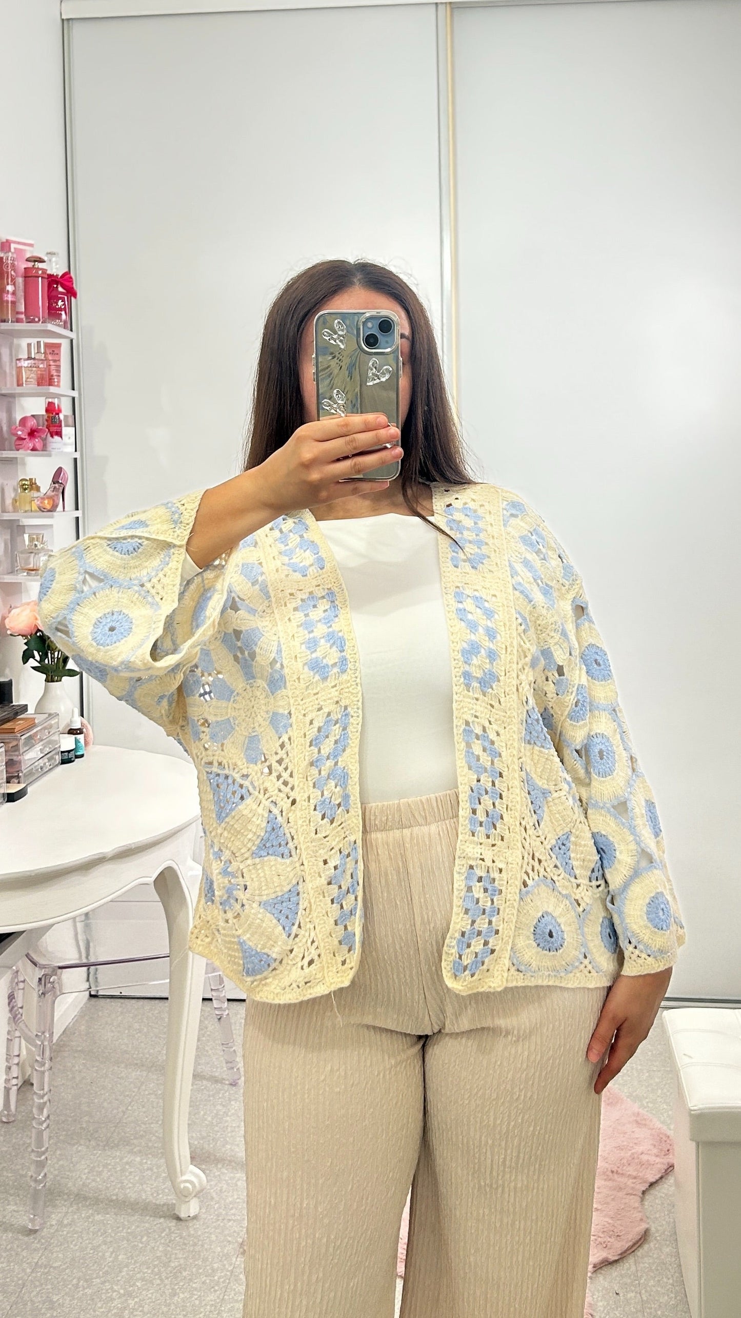 Lightweight blue crochet cardigan