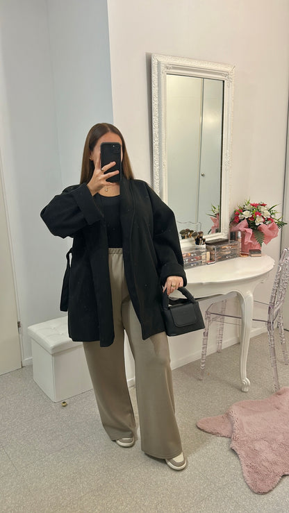 Manteau mi long noir avec ceinture