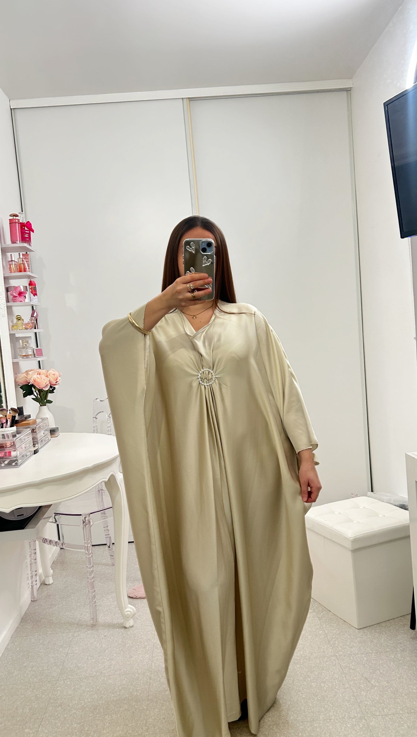 Gold satin abaya with round rhinestones