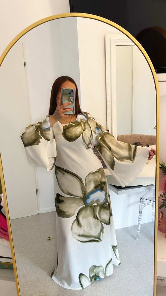 Robe longue douce à fleurs vert kaki