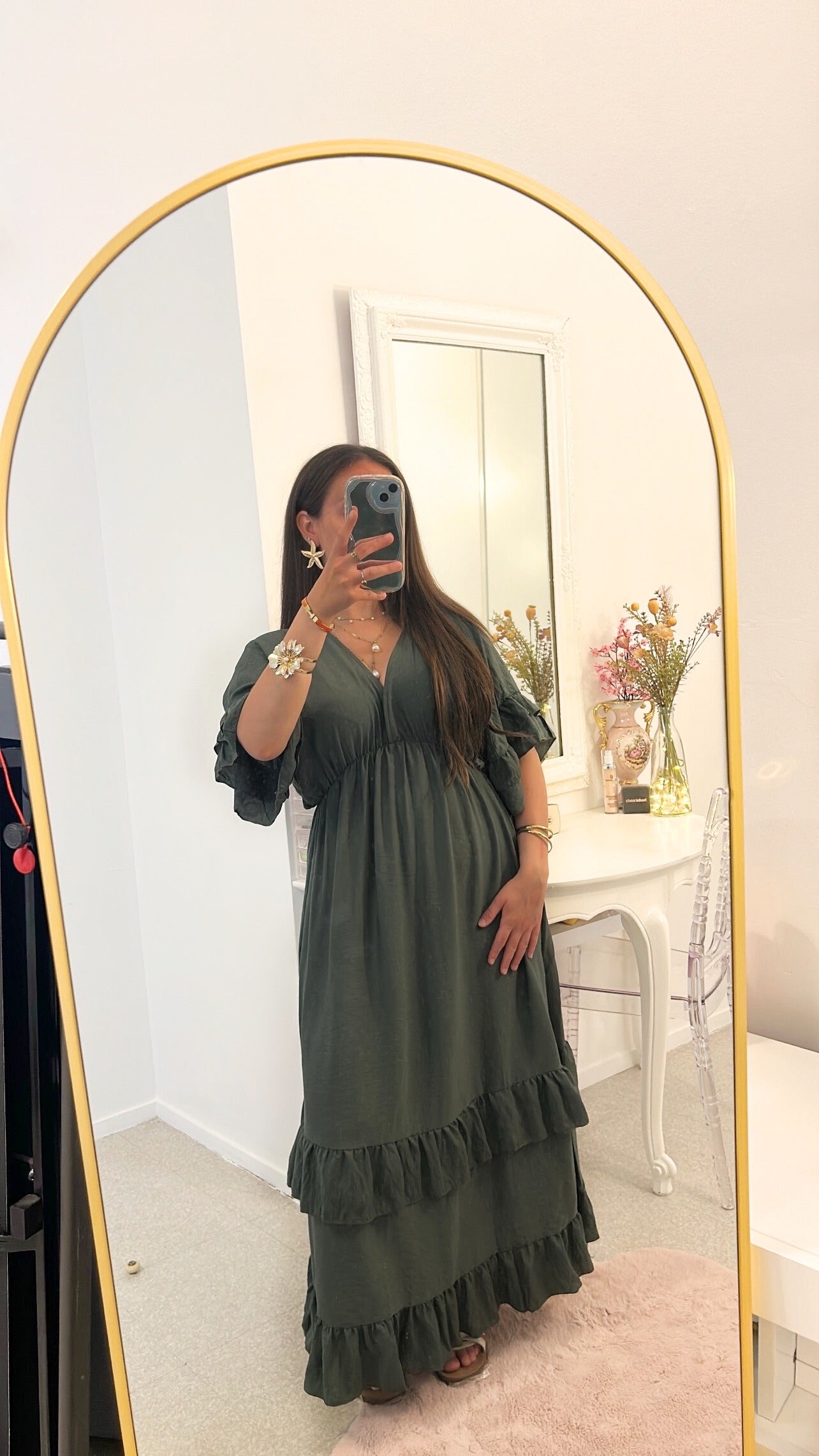 Robe longue à froufrou vert kaki