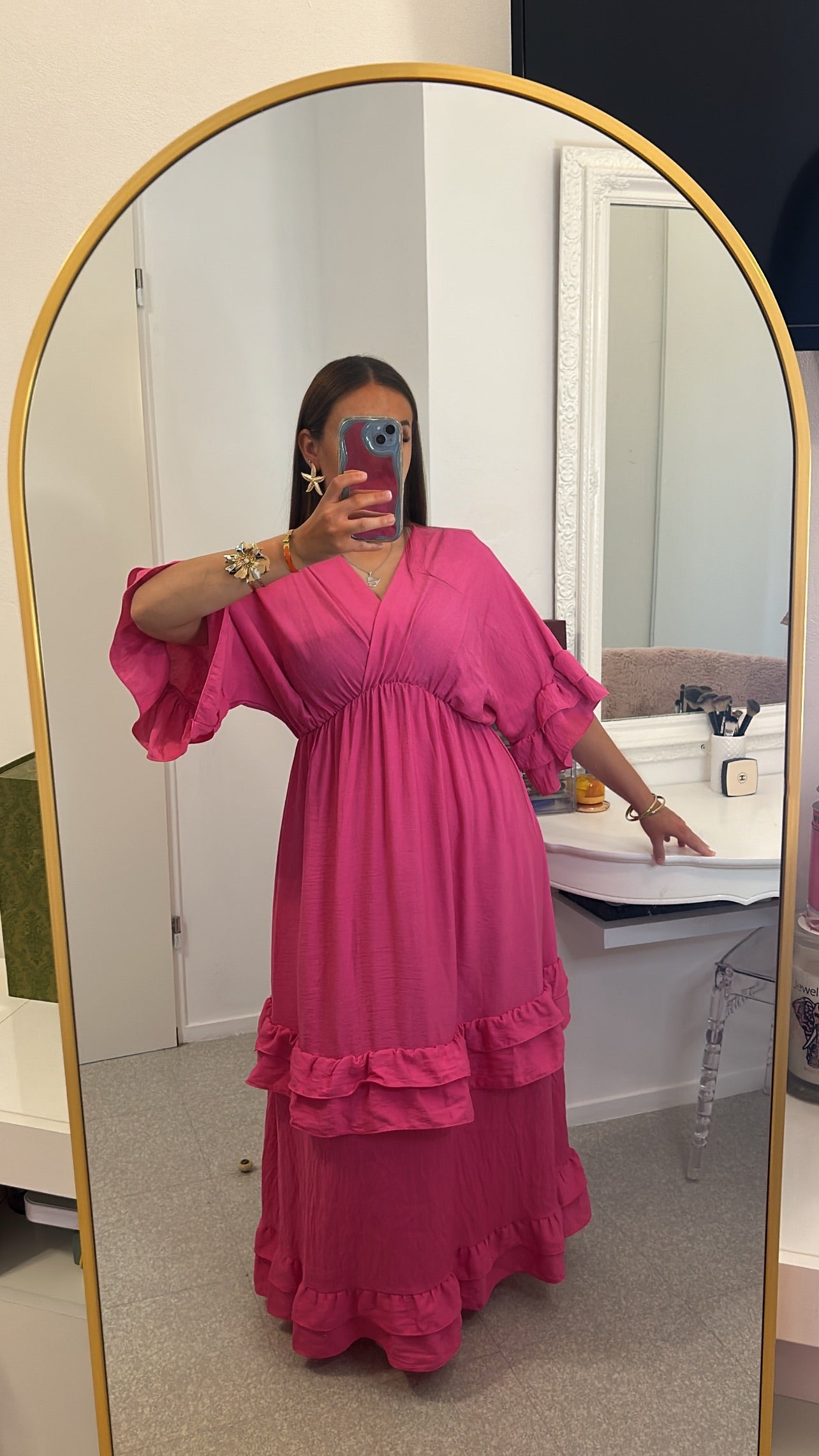 Robe longue à froufrou rose