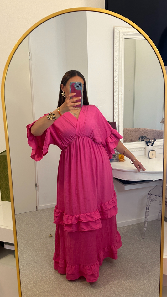 Robe longue à froufrou rose