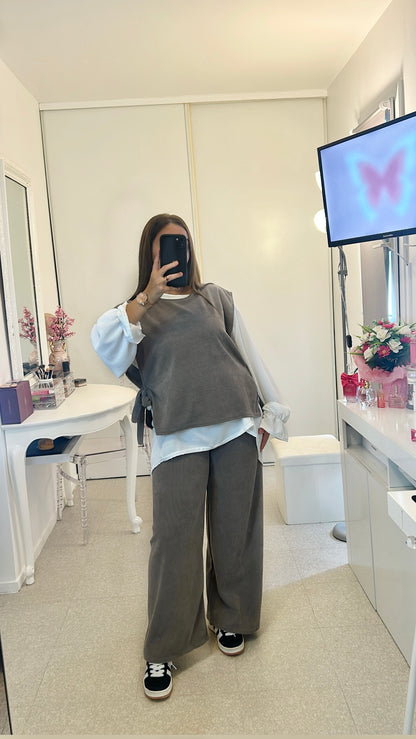 Ensemble long gris gilet chemise et pantalon