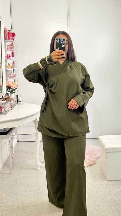 conjunto de kimono verde caqui