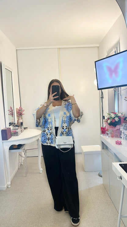 Cardigan crochet léger bleu