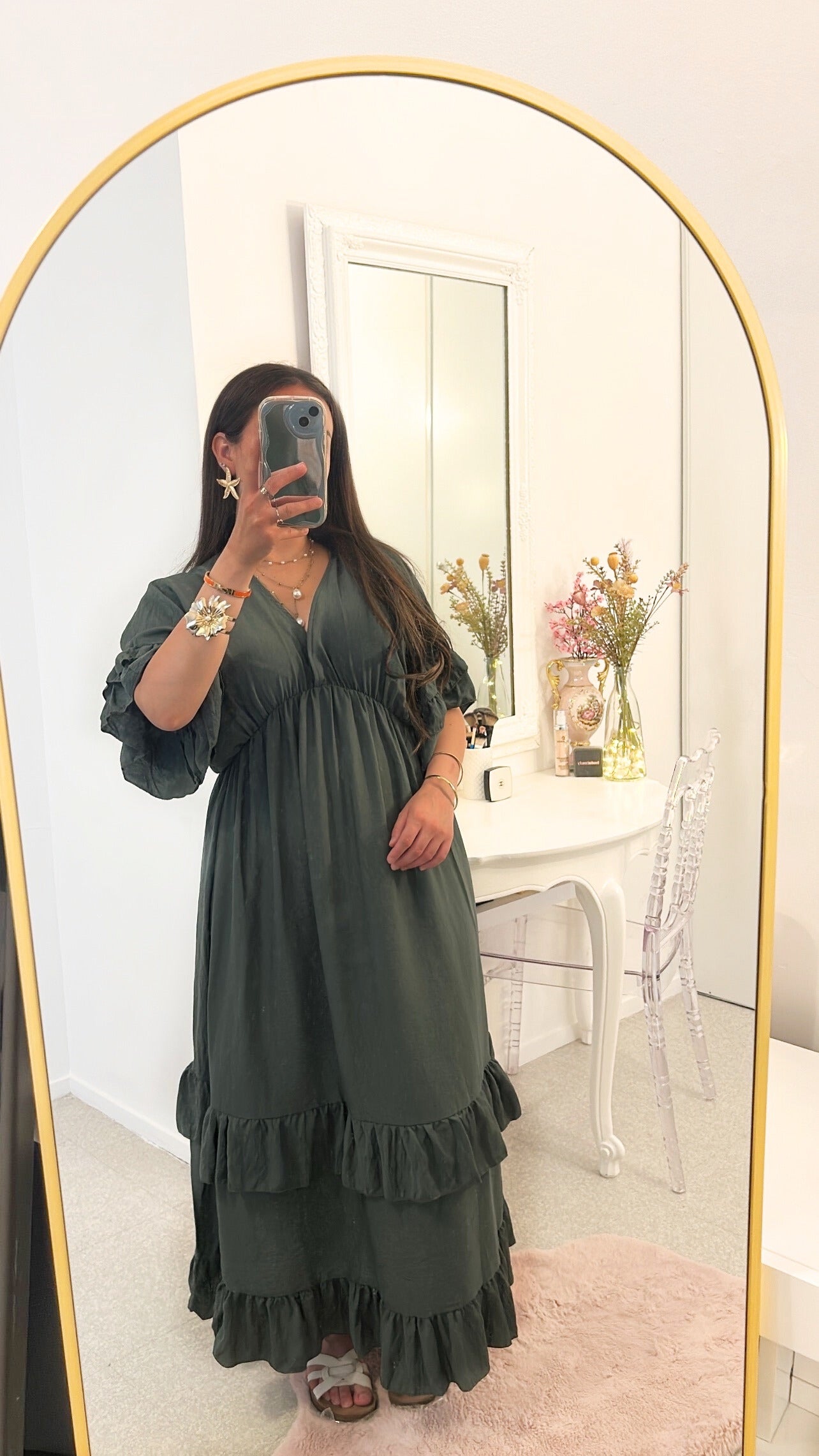 Robe longue à froufrou vert kaki