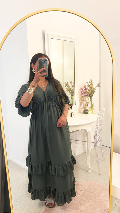 Robe longue à froufrou vert kaki