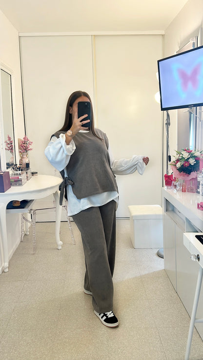 Ensemble long gris gilet chemise et pantalon