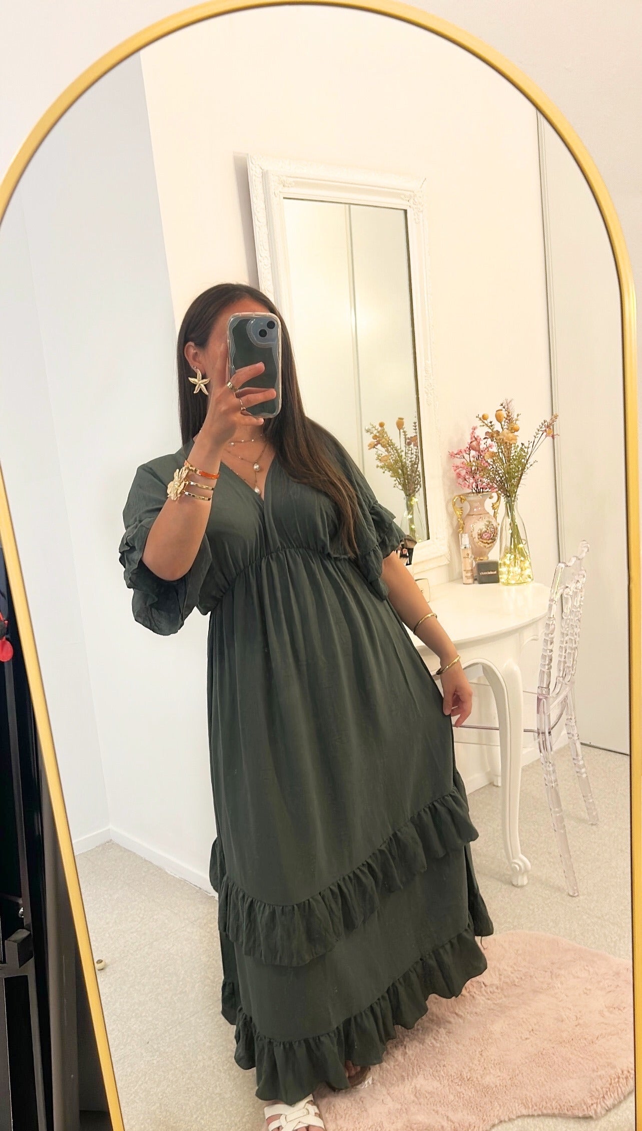 Robe longue à froufrou vert kaki