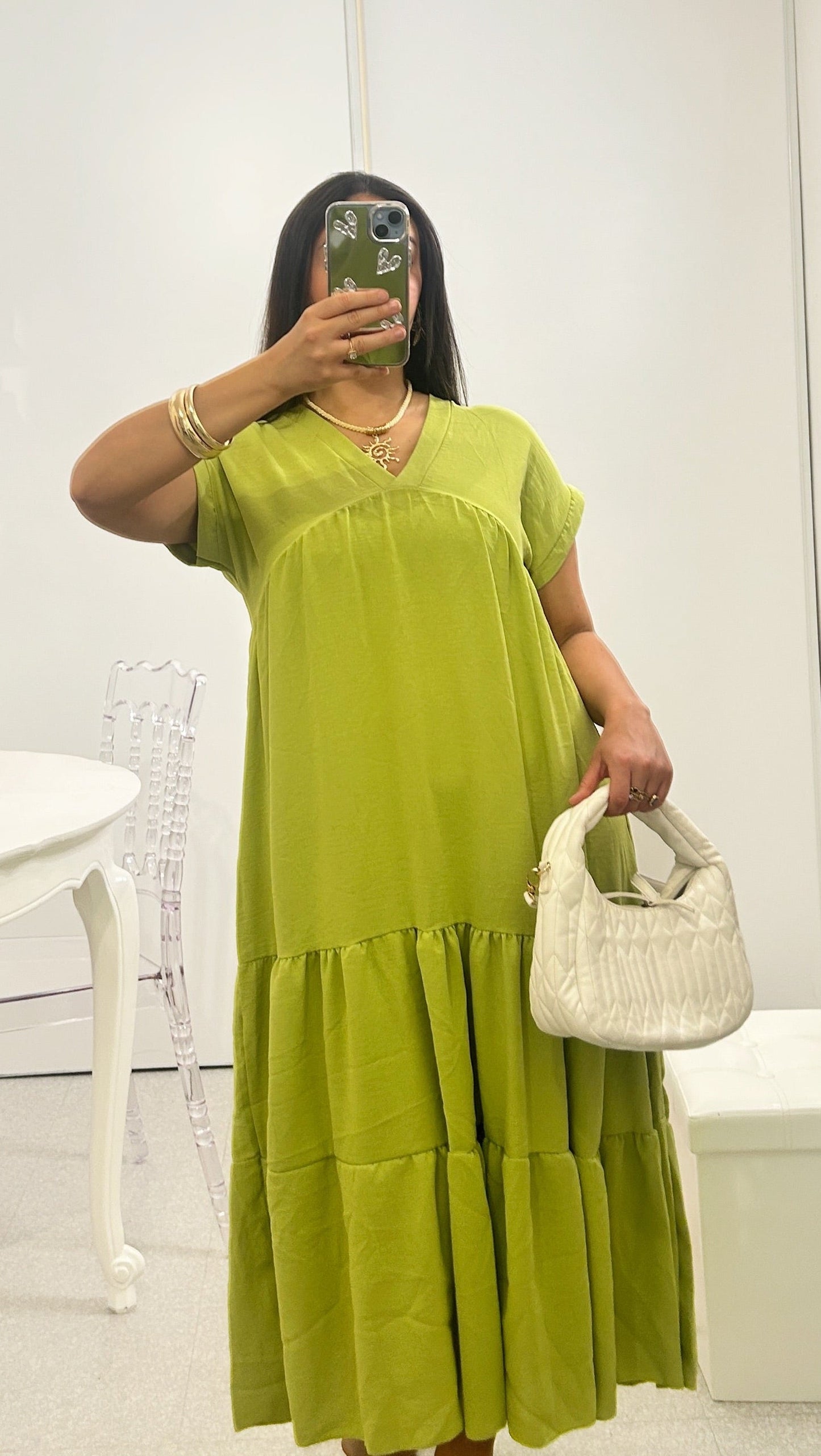 Vestido suelto plisado verde pistacho