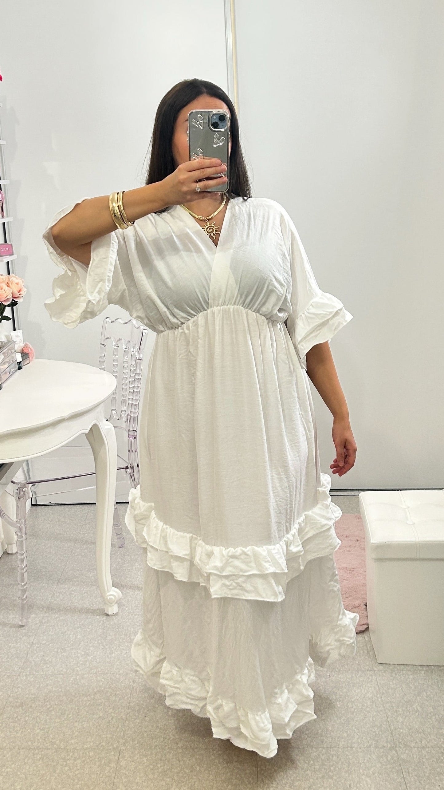 Vestido largo verde caqui con volantes