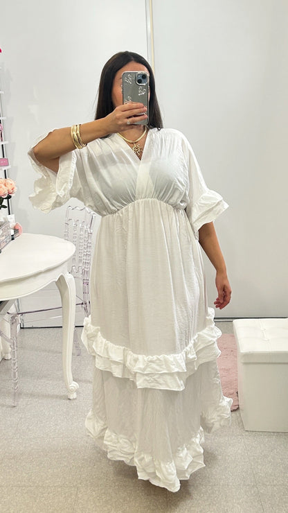 Vestido largo verde caqui con volantes