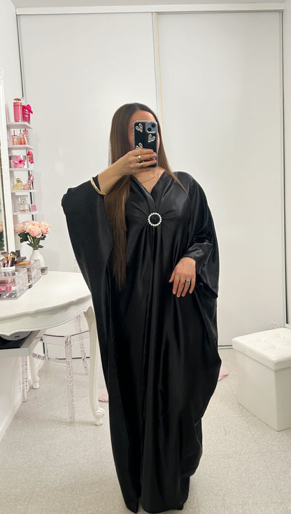 Gold satin abaya with round rhinestones