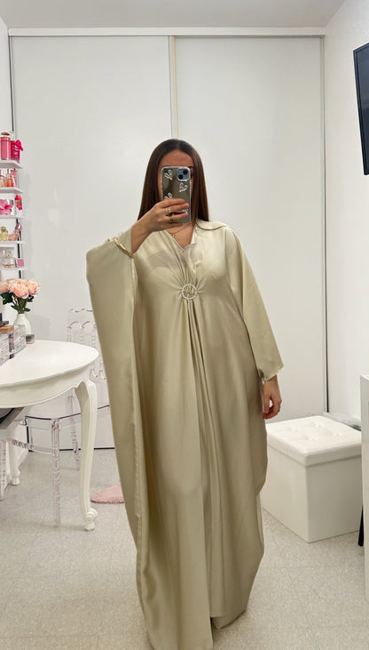 Gold satin abaya with round rhinestones