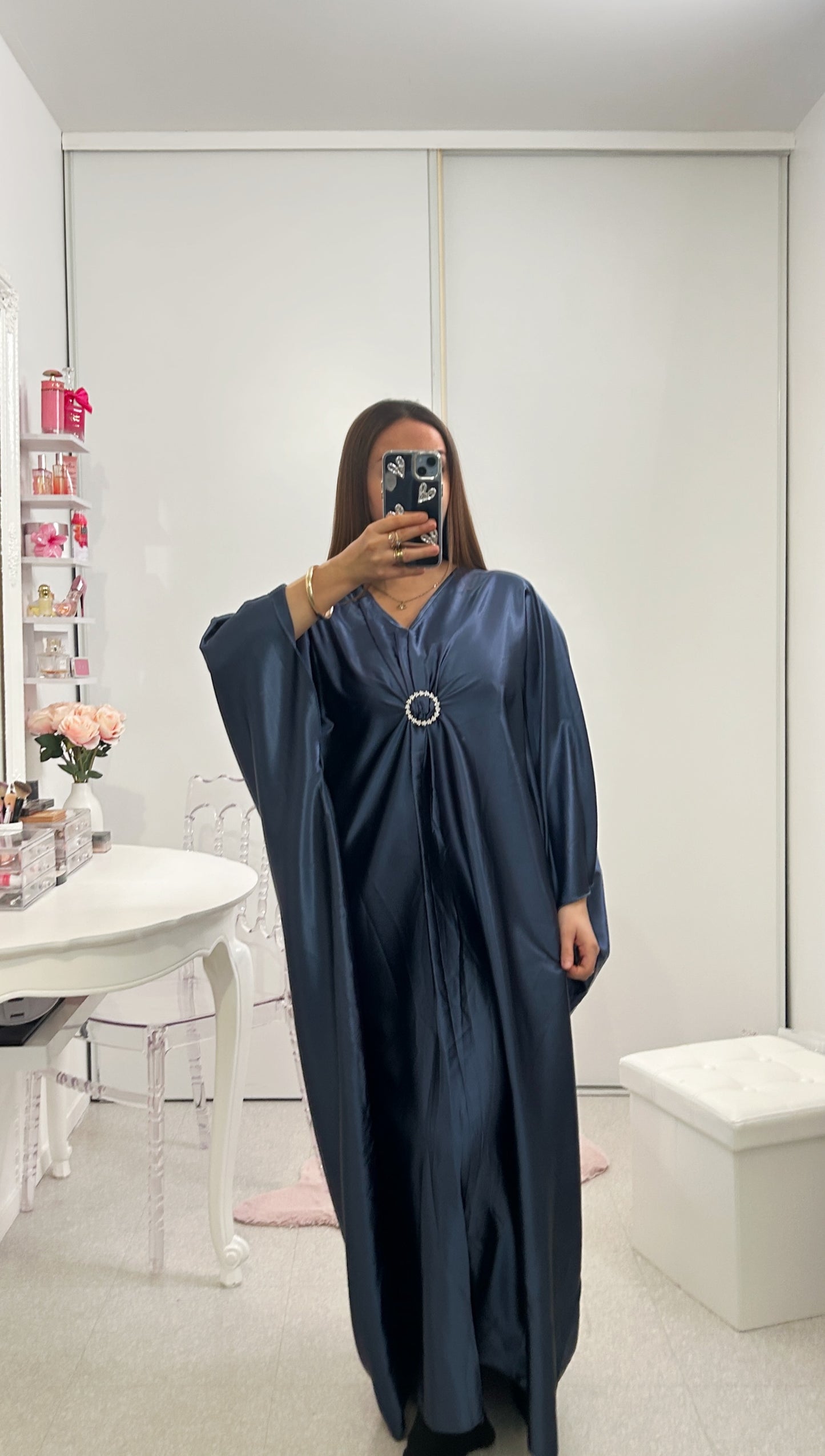 Gold satin abaya with round rhinestones