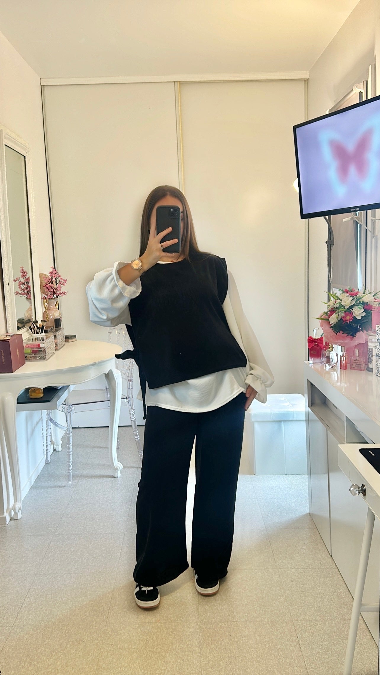 Ensemble long noir gilet chemise et pantalon