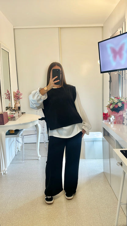 Ensemble long noir gilet chemise et pantalon