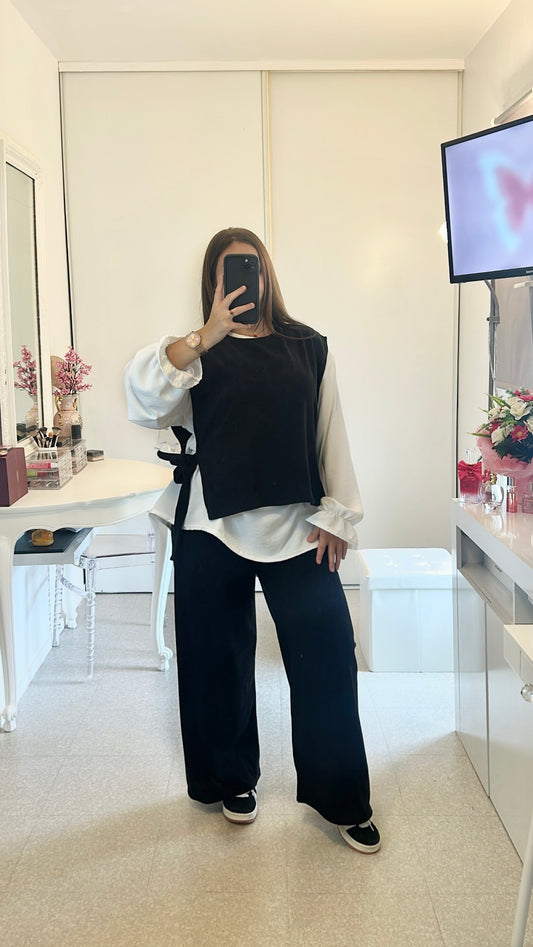 Ensemble long noir gilet chemise et pantalon