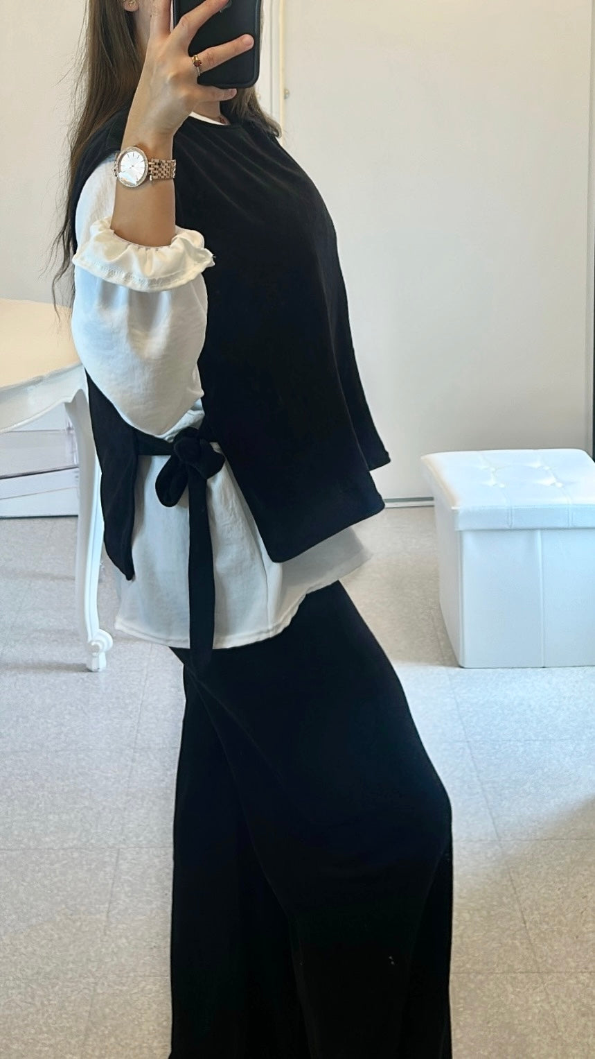 Ensemble long noir gilet chemise et pantalon