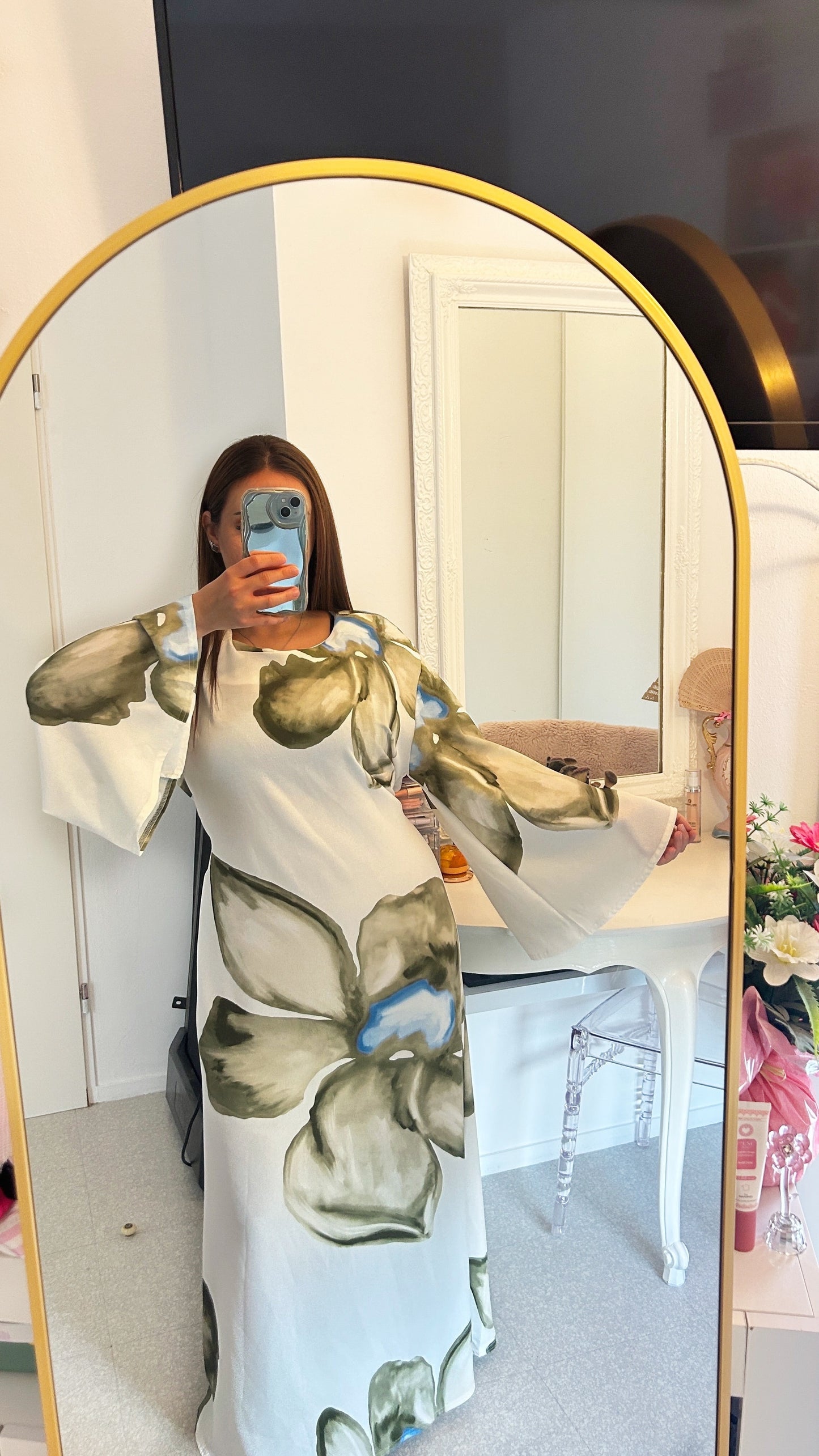 Robe longue douce à fleurs vert kaki