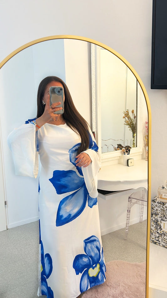 Robe longue douce à fleurs bleu